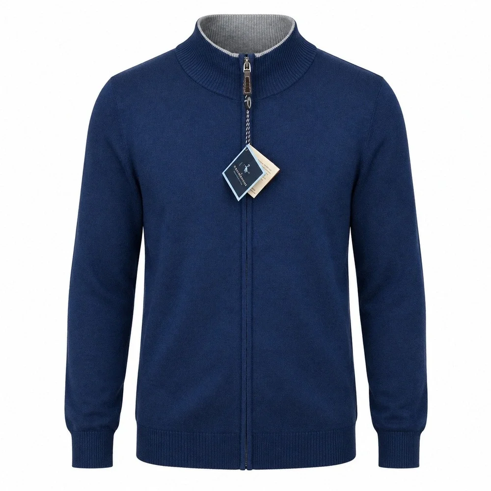 Tailorbyrd Full Zip Sweater Men M Navy Blue Mock Neck Cotton Blend Ribbed Trim